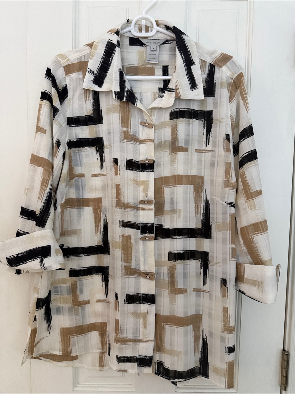 Multiples Brushstroke Geometric Button-Up Blouse - Beige & Black on Cream